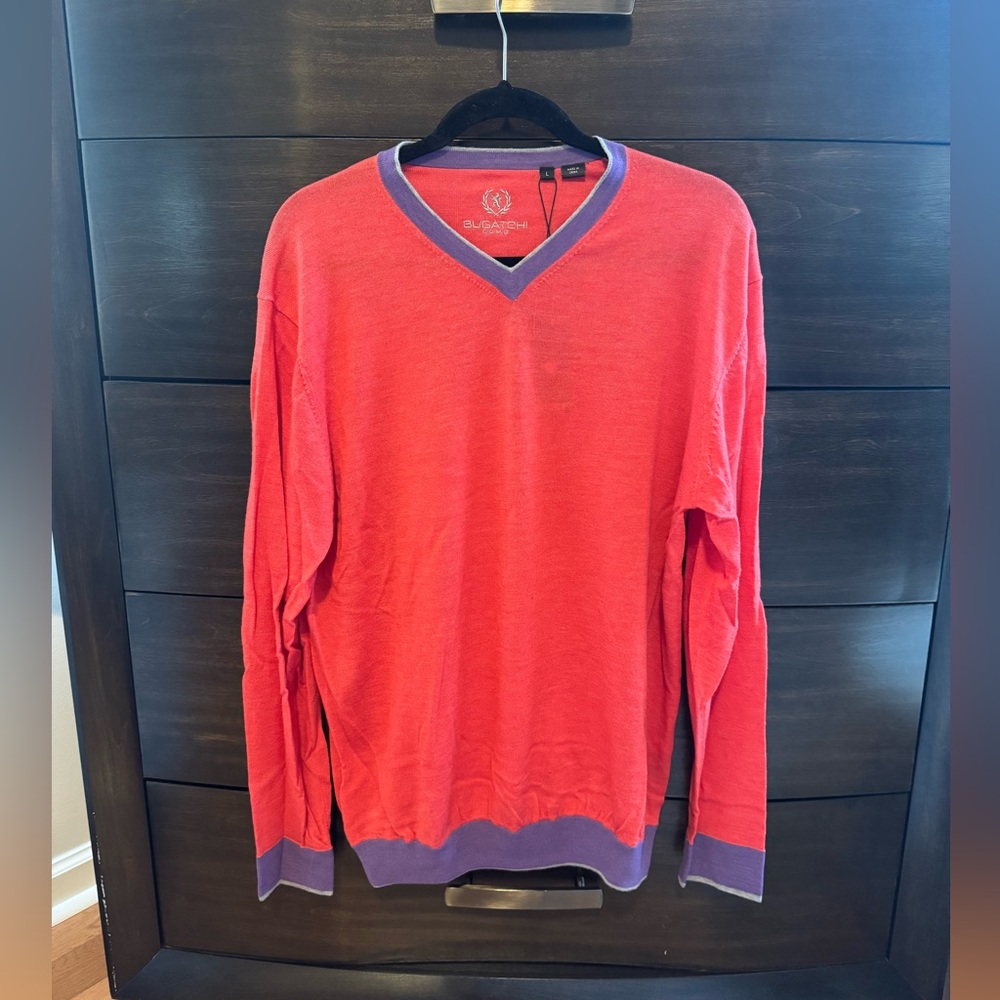 Bugatchi V Neck Red & Purple Sweater Size Large NWT FLAWED